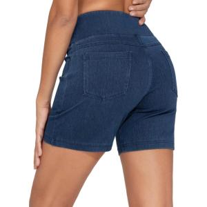 imageTHE GYM PEOPLE Womens High Waisted Stretchy Jean Shorts Summer Skinny Denim Shorts with PocketsDark Blue