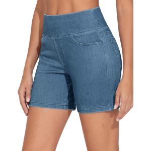 imageTHE GYM PEOPLE Womens High Waisted Stretchy Jean Shorts Summer Skinny Denim Shorts with PocketsDenim Blue