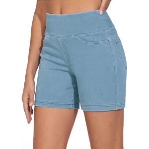 imageTHE GYM PEOPLE Womens High Waisted Stretchy Jean Shorts Summer Skinny Denim Shorts with PocketsLight Blue