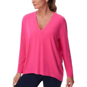 imageTHE GYM PEOPLE Womens Long Sleeve Workout Shirts Loose Fit VNeck Running TShirts TopsBright Pink