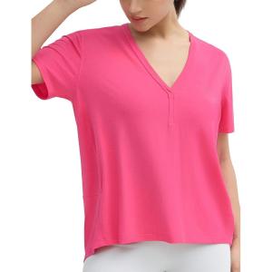 imageTHE GYM PEOPLE Womens Loose Fit Workout TShirts V Neck Short Sleeve Running Yoga Lounge Tee TopsBright Pink