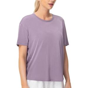 imageTHE GYM PEOPLE Womens Short Sleeve Workout TShirts Back Loose Fit Running Yoga Tee TopsGrey Purple