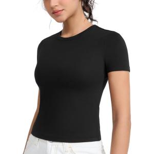 imageTHE GYM PEOPLE Womens Slim Fit Soft Workout TShirts Crew Neck Short Sleeve Casual Tee TopsBlack