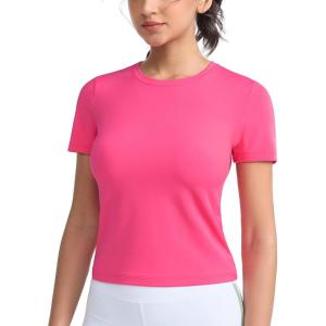 imageTHE GYM PEOPLE Womens Slim Fit Soft Workout TShirts Crew Neck Short Sleeve Casual Tee TopsBright Pink