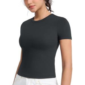 imageTHE GYM PEOPLE Womens Slim Fit Soft Workout TShirts Crew Neck Short Sleeve Casual Tee TopsCharcoal Grey