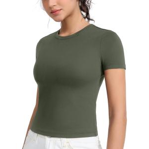 imageTHE GYM PEOPLE Womens Slim Fit Soft Workout TShirts Crew Neck Short Sleeve Casual Tee TopsOlive Green