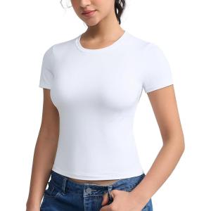 imageTHE GYM PEOPLE Womens Slim Fit Soft Workout TShirts Crew Neck Short Sleeve Casual Tee TopsWhite