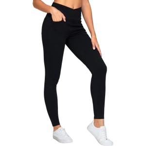imageTHE GYM PEOPLE Womens V Cross Denim Jegging Pants High Waisted Stretchy Skinny Jean Leggings with PocketsBlack
