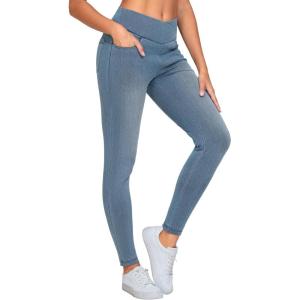 imageTHE GYM PEOPLE Womens V Cross Denim Jegging Pants High Waisted Stretchy Skinny Jean Leggings with PocketsDenim Light Blue
