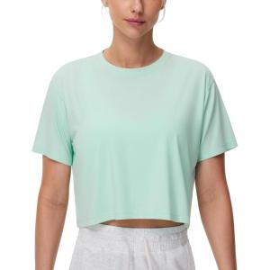 imageTHE GYM PEOPLE Womens Workout Crop Top TShirt Short Sleeve Boxy Yoga Running Cropped Basic TeeSoft Green
