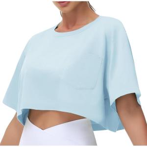 imageTHE GYM PEOPLE Womens Workout Crop Tops Short Sleeve Boxy Oversized TShirts with Pockets