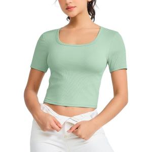 imageTHE GYM PEOPLE Womens Workout Crop Tops Short Sleeve Ribbed Ice Silk Fabric Slim Fit Square Neck Running Shirts