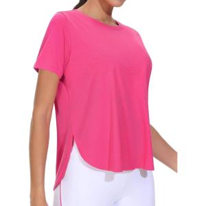 imageTHE GYM PEOPLE Womens Workout TShirts Loose Fit Short Sleeve Cotton Running Basic Tee Tops with Split HemBright Pink