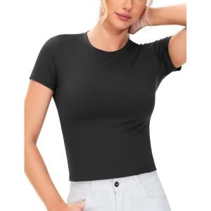 imageTHE GYM PEOPLE Womens Workout Tops Short Sleeve Slim Fit Breathable Athletic Yoga Running Casual Basic Tee ShirtsBlack