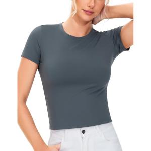 imageTHE GYM PEOPLE Womens Workout Tops Short Sleeve Slim Fit Breathable Athletic Yoga Running Casual Basic Tee ShirtsDark Grey