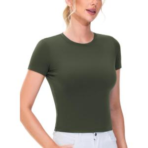 imageTHE GYM PEOPLE Womens Workout Tops Short Sleeve Slim Fit Breathable Athletic Yoga Running Casual Basic Tee ShirtsDark Olive