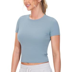 imageTHE GYM PEOPLE Womens Workout Tops Short Sleeve Slim Fit Breathable Athletic Yoga Running Casual Basic Tee ShirtsDenim Blue