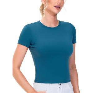 imageTHE GYM PEOPLE Womens Workout Tops Short Sleeve Slim Fit Breathable Athletic Yoga Running Casual Basic Tee ShirtsGreen Blue