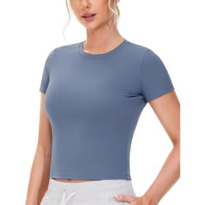 imageTHE GYM PEOPLE Womens Workout Tops Short Sleeve Slim Fit Breathable Athletic Yoga Running Casual Basic Tee ShirtsInk Blue