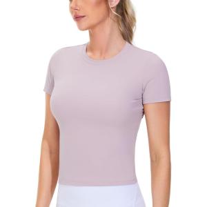 imageTHE GYM PEOPLE Womens Workout Tops Short Sleeve Slim Fit Breathable Athletic Yoga Running Casual Basic Tee ShirtsLight Purple