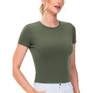 imageTHE GYM PEOPLE Womens Workout Tops Short Sleeve Slim Fit Breathable Athletic Yoga Running Casual Basic Tee ShirtsOlive Green