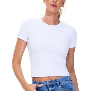 imageTHE GYM PEOPLE Womens Workout Tops Short Sleeve Slim Fit Breathable Athletic Yoga Running Casual Basic Tee ShirtsWhite