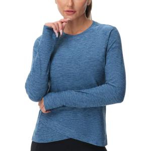 imageWomens Long Sleeve Compression Shirts Workout Tops Cross Hem Athletic Running Yoga TShirts with Thumb HoleBlue Heather