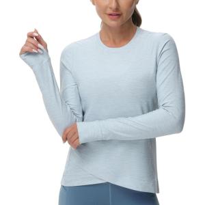 imageWomens Long Sleeve Compression Shirts Workout Tops Cross Hem Athletic Running Yoga TShirts with Thumb HoleLight Blue Heather