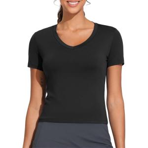 imageTHE GYM PEOPLE Womens VNeck Crop Workout TShirts Slim Fit Basic Short Sleeve Yoga Casual Tee TopsBlack