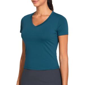 imageTHE GYM PEOPLE Womens VNeck Crop Workout TShirts Slim Fit Basic Short Sleeve Yoga Casual Tee TopsDark Blue Green