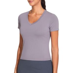 imageTHE GYM PEOPLE Womens VNeck Crop Workout TShirts Slim Fit Basic Short Sleeve Yoga Casual Tee TopsGrey Purple