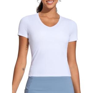 imageTHE GYM PEOPLE Womens VNeck Crop Workout TShirts Slim Fit Basic Short Sleeve Yoga Casual Tee TopsWhite