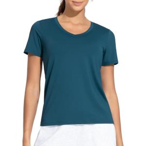 imageTHE GYM PEOPLE Womens VNeck Workout Shirts Short Sleeve Breathable Basic Yoga Athletic TShirtsDark Blue Green