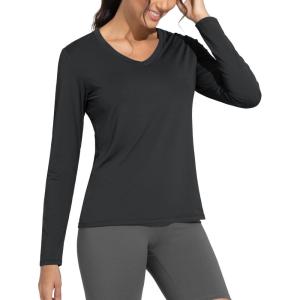 imageTHE GYM PEOPLE Womens Long Sleeve Workout Shirts VNeck Lightweight Basic Athletic TopsBlack