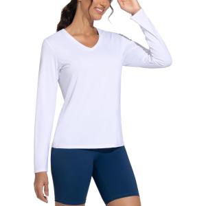 imageTHE GYM PEOPLE Womens Long Sleeve Workout Shirts VNeck Lightweight Basic Athletic TopsWhite