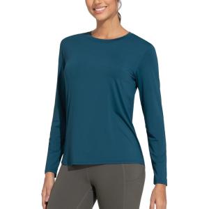 imageTHE GYM PEOPLE Womens Ultra Soft Long Sleeve Workout Shirts Basic Crewneck Athletic Running TopsDark Blue Green