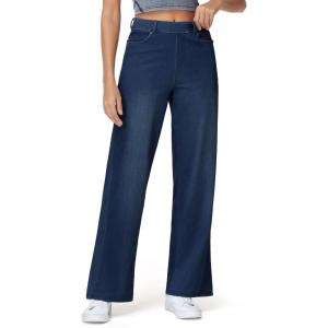 imageTHE GYM PEOPLE Womens Wide Leg Pull on Jeans Stretchy Baggy Trendy Casual Straight Denim Pants with PocketsDark Blue