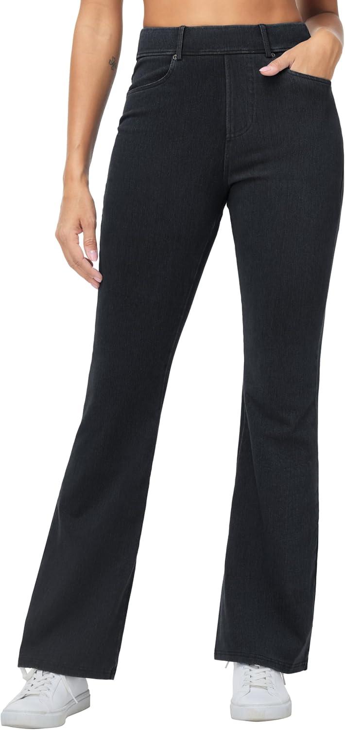 imageTHE GYM PEOPLE Womens Stretchy Bell Bottom Jeans Wide Leg Breathable Pull On Flare Jeggings Pants with PocketsBlack
