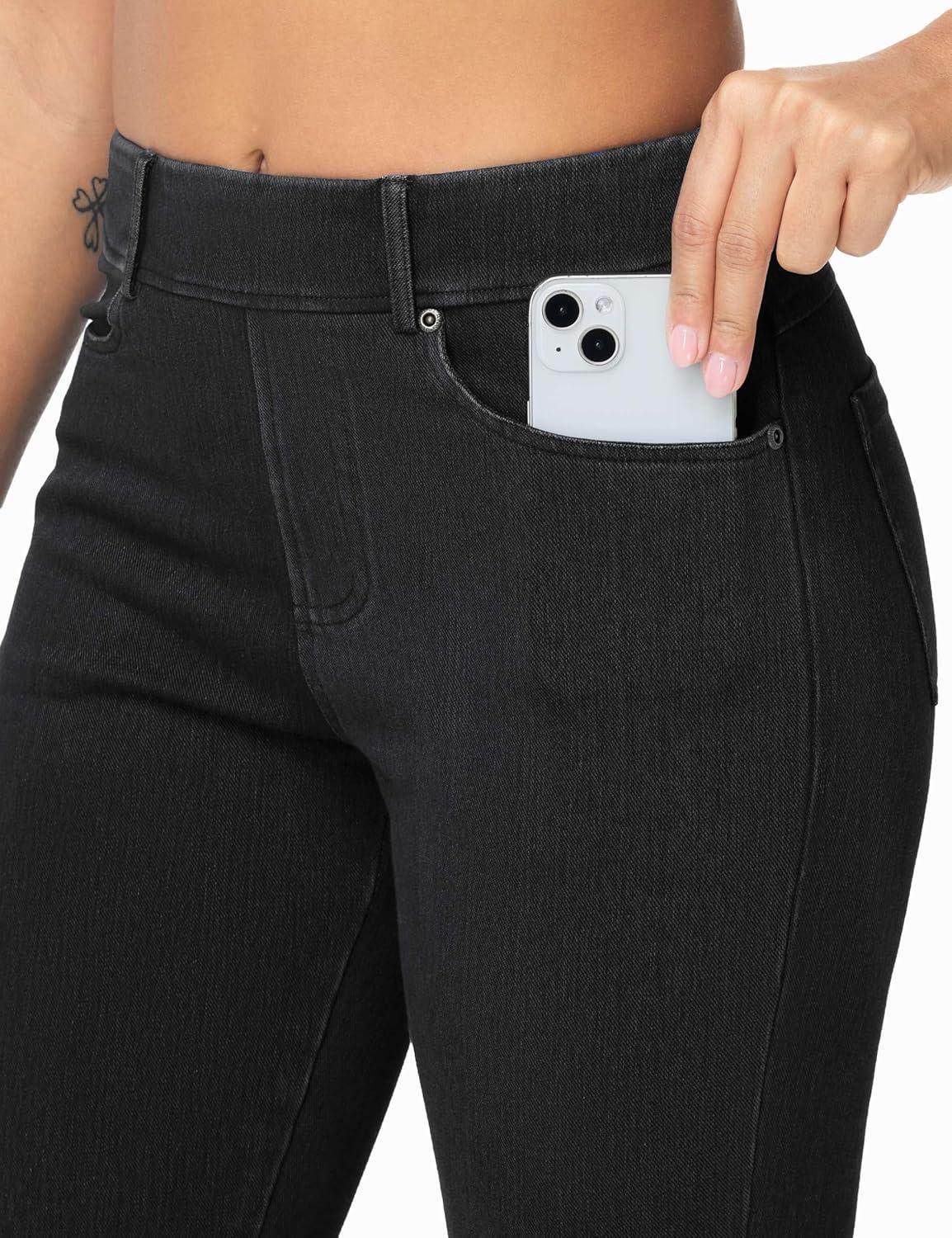 imageTHE GYM PEOPLE Womens Stretchy Bell Bottom Jeans Wide Leg Breathable Pull On Flare Jeggings Pants with PocketsBlack