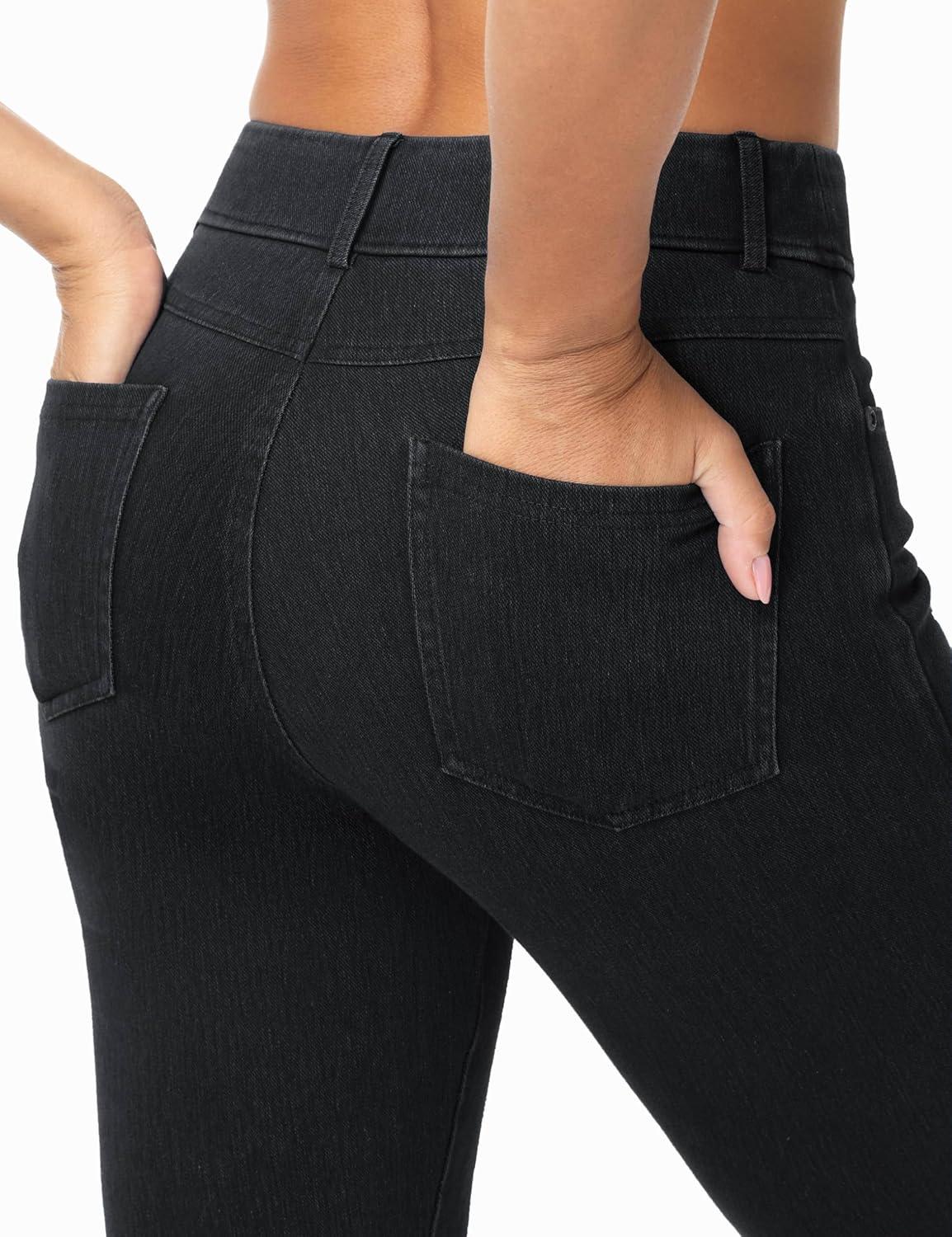 imageTHE GYM PEOPLE Womens Stretchy Bell Bottom Jeans Wide Leg Breathable Pull On Flare Jeggings Pants with PocketsBlack