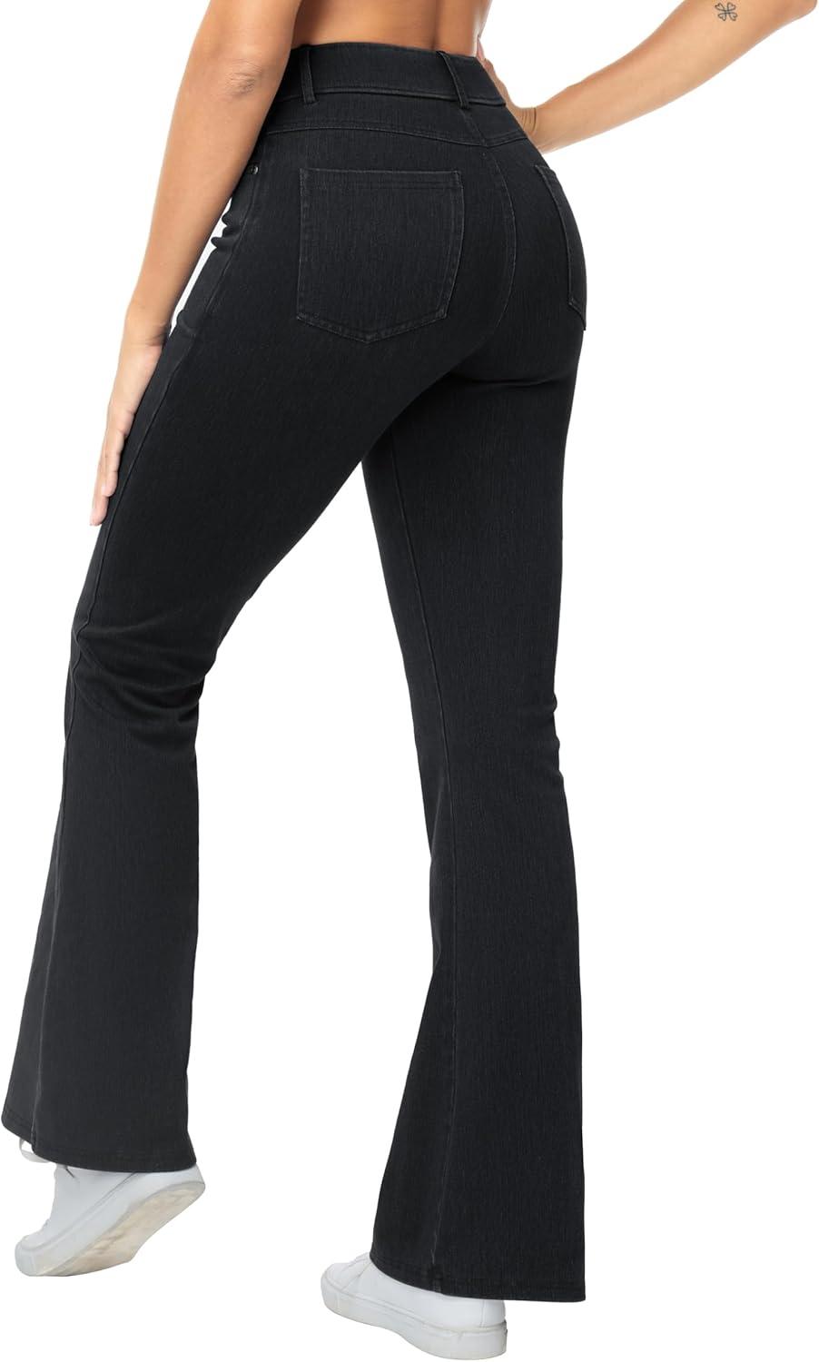 imageTHE GYM PEOPLE Womens Stretchy Bell Bottom Jeans Wide Leg Breathable Pull On Flare Jeggings Pants with PocketsBlack