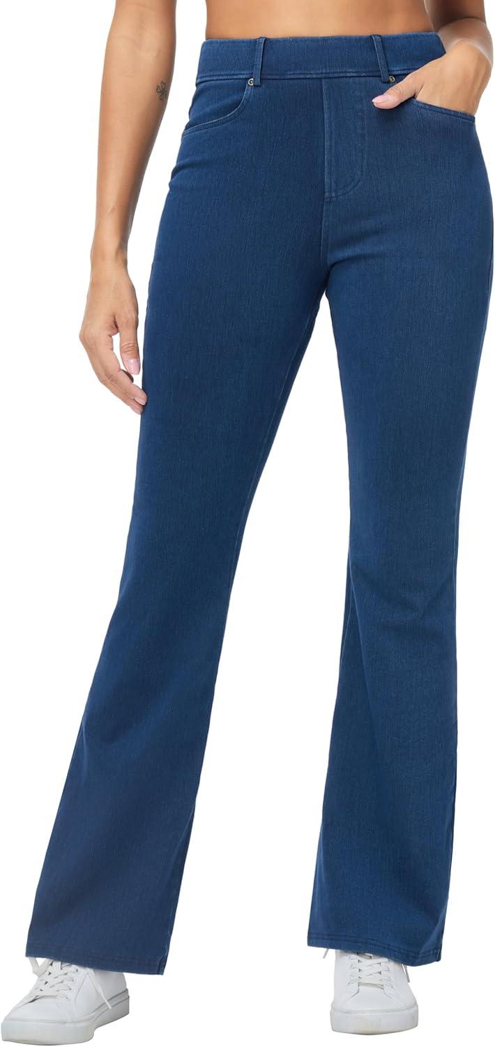 imageTHE GYM PEOPLE Womens Stretchy Bell Bottom Jeans Wide Leg Breathable Pull On Flare Jeggings Pants with PocketsDark Blue