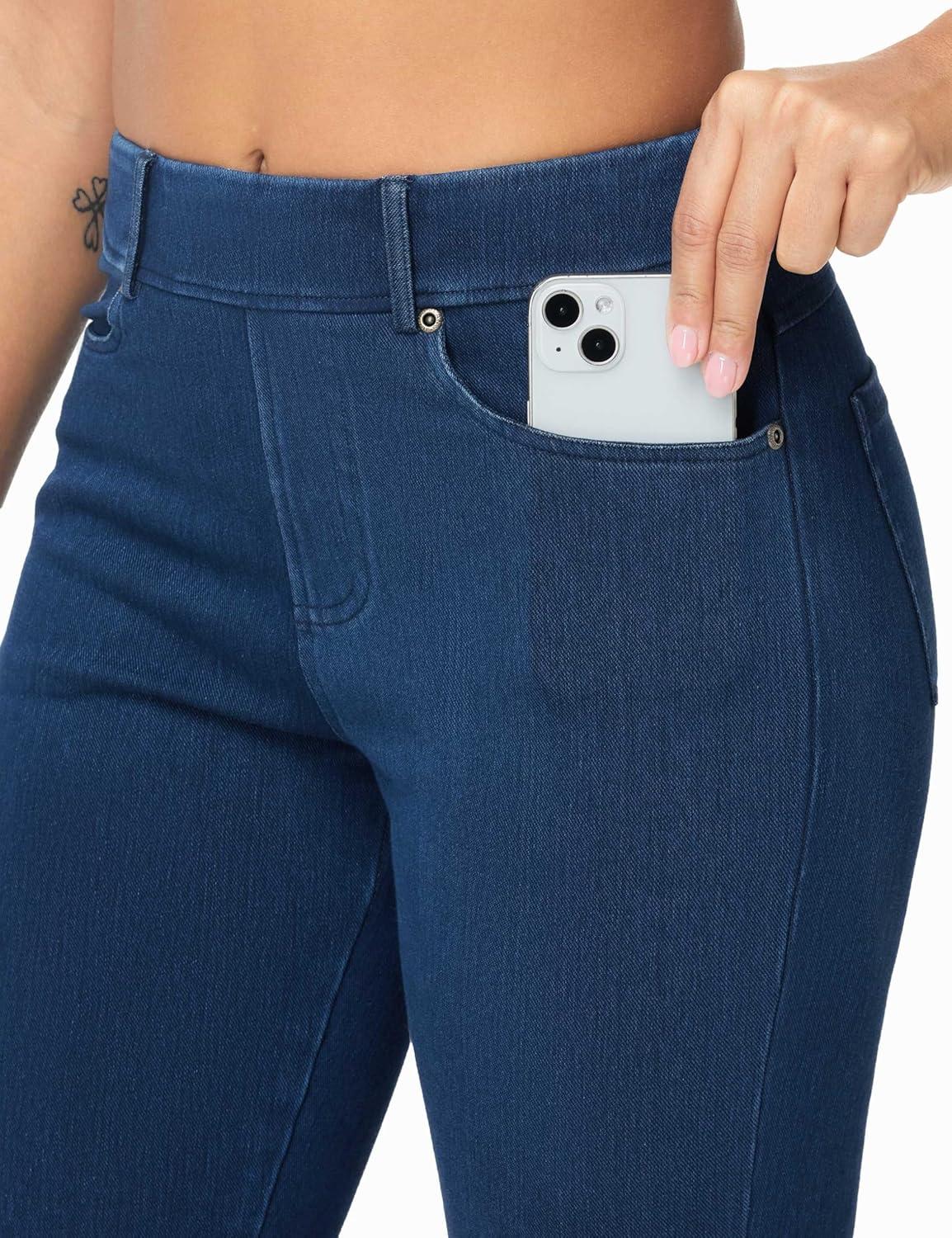 imageTHE GYM PEOPLE Womens Stretchy Bell Bottom Jeans Wide Leg Breathable Pull On Flare Jeggings Pants with PocketsDark Blue