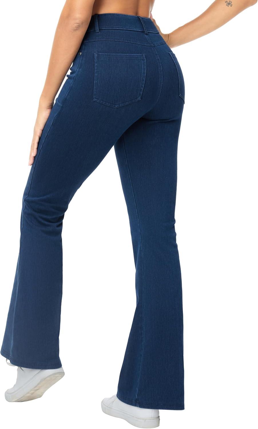 imageTHE GYM PEOPLE Womens Stretchy Bell Bottom Jeans Wide Leg Breathable Pull On Flare Jeggings Pants with PocketsDark Blue