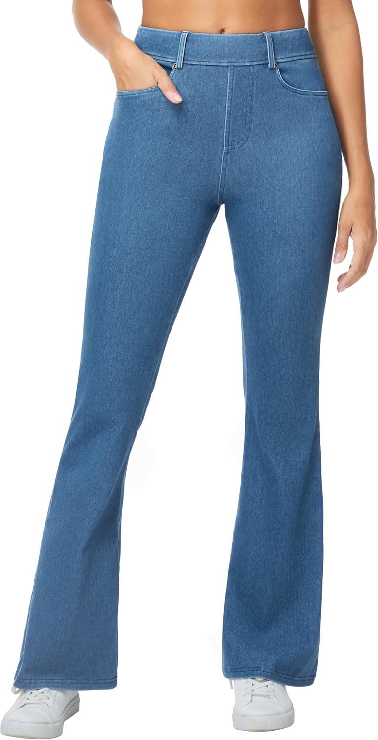imageTHE GYM PEOPLE Womens Stretchy Bell Bottom Jeans Wide Leg Breathable Pull On Flare Jeggings Pants with PocketsDenim Blue