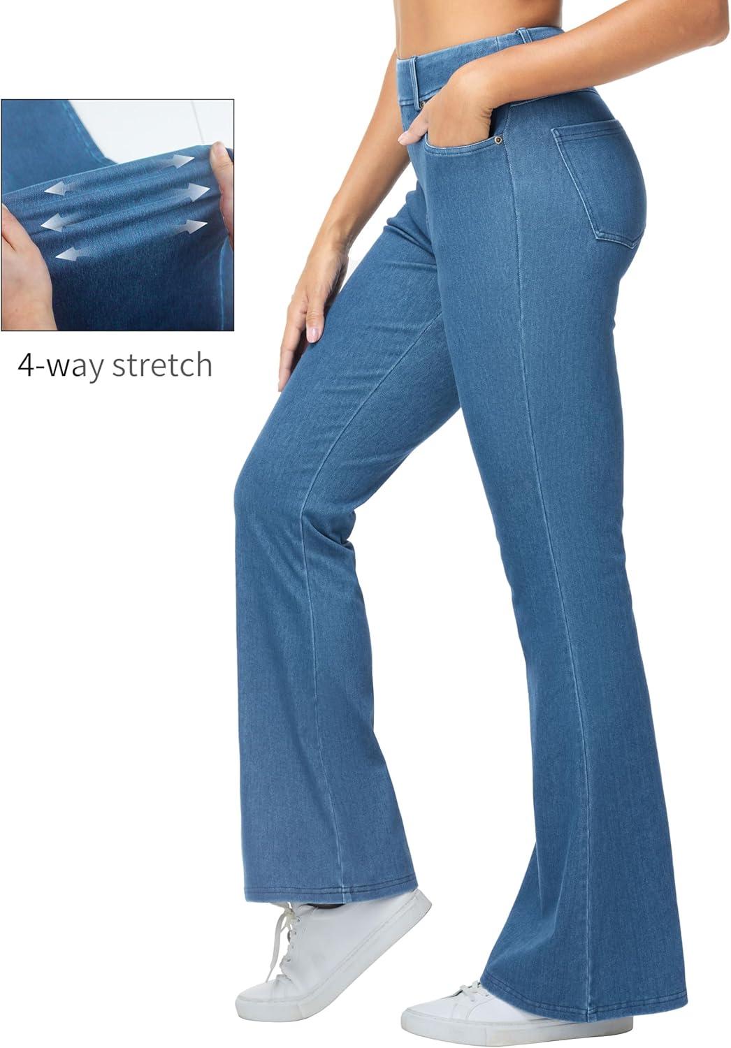 imageTHE GYM PEOPLE Womens Stretchy Bell Bottom Jeans Wide Leg Breathable Pull On Flare Jeggings Pants with PocketsDenim Blue