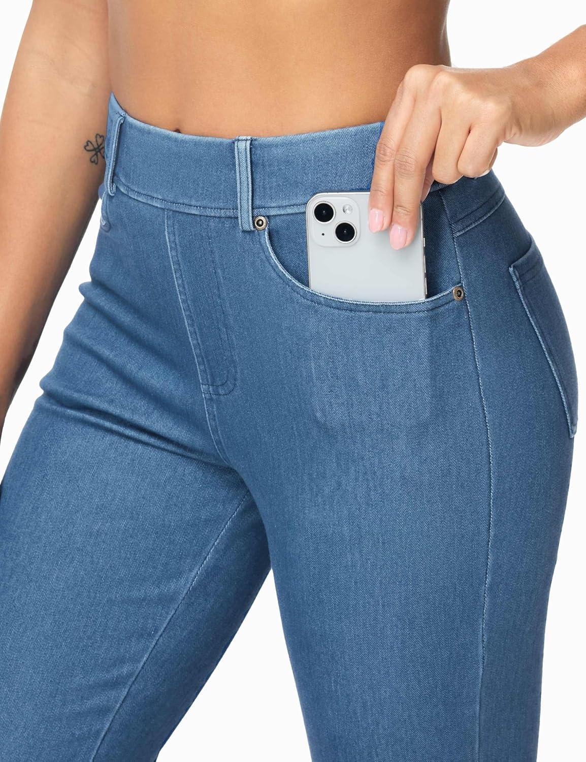 imageTHE GYM PEOPLE Womens Stretchy Bell Bottom Jeans Wide Leg Breathable Pull On Flare Jeggings Pants with PocketsDenim Blue