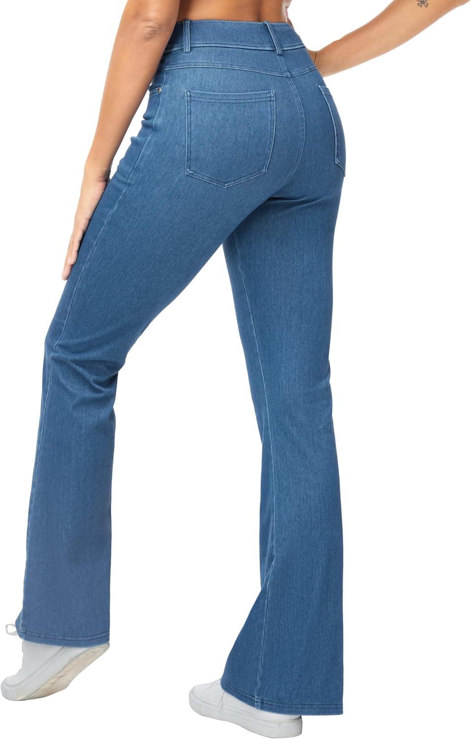 imageTHE GYM PEOPLE Womens Stretchy Bell Bottom Jeans Wide Leg Breathable Pull On Flare Jeggings Pants with PocketsDenim Blue