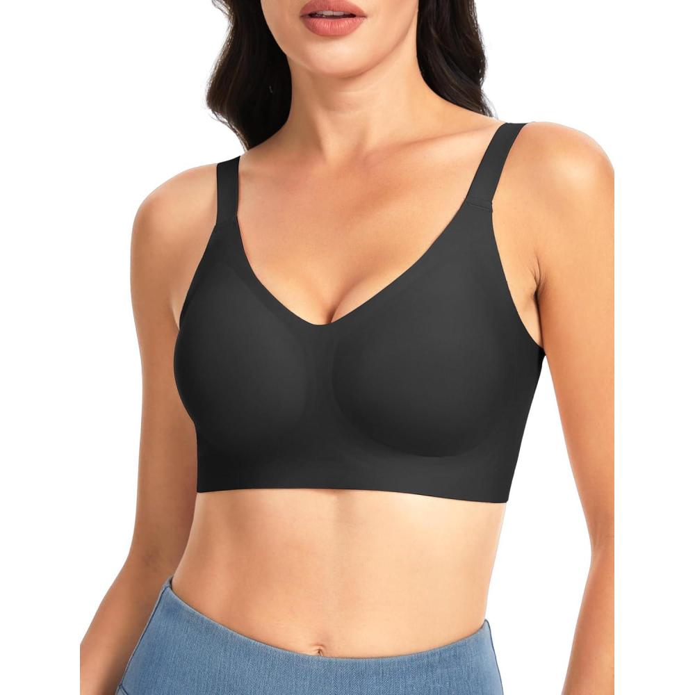 imageTHE GYM PEOPLE Womens Wireless Seamless Bras Full Coverage Comfortable Bralette Invisible Everyday Tshirt Bra PaddedBlack