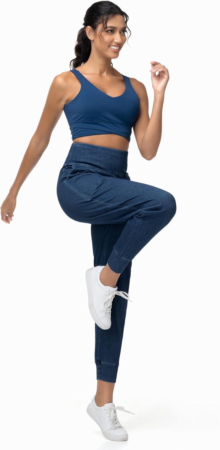 imageTHE GYM PEOPLE Womens High Waisted Denim Joggers Pants Stretchy Tapered Pull On Casual Workout Jeans Jeggings with PocketsDark Blue